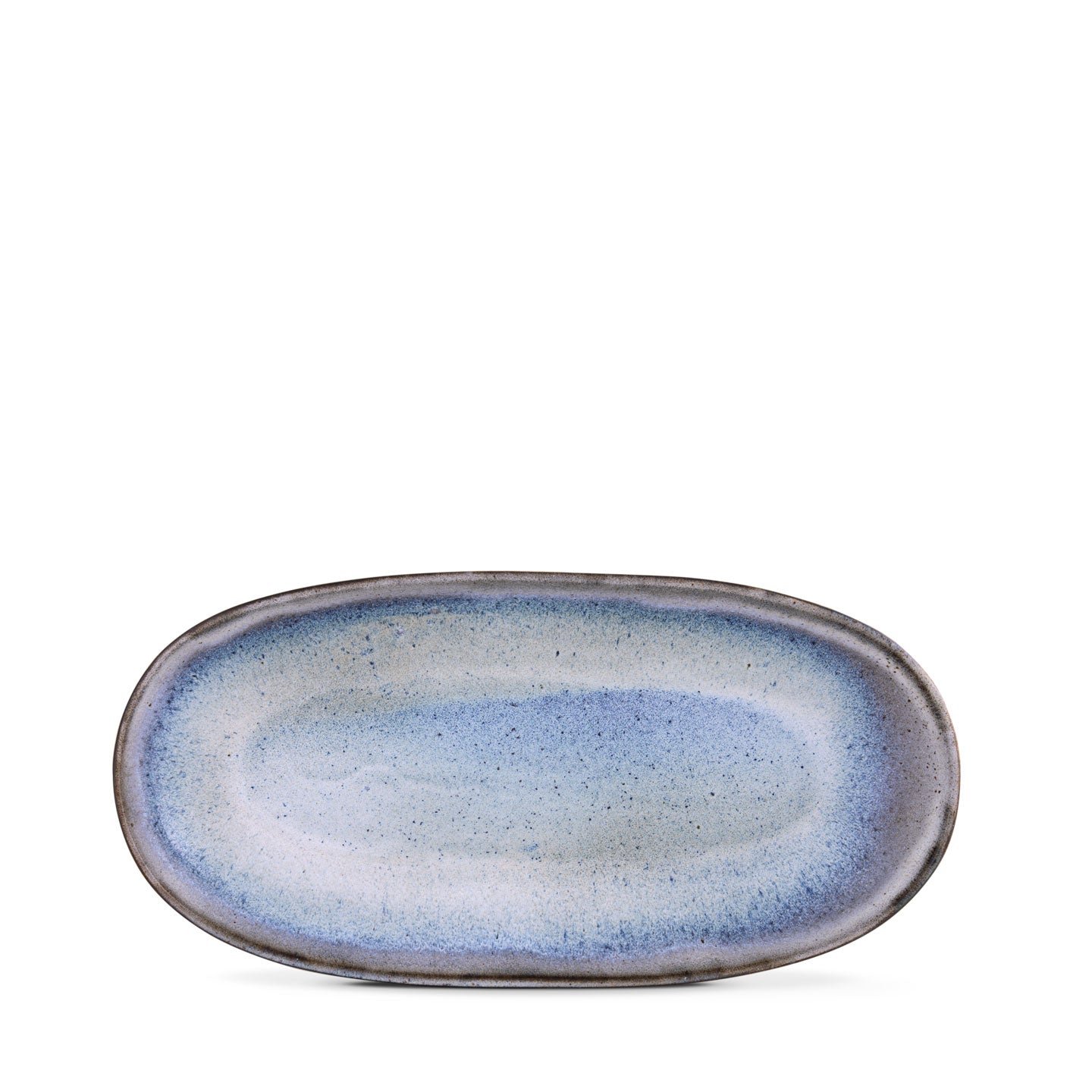 Terrafina Sail Ovale Servierplatte L – Draufsicht mit reaktiver Blau-Grau-Glasur, 34 x 16 cm, handgefertigt in Portugal