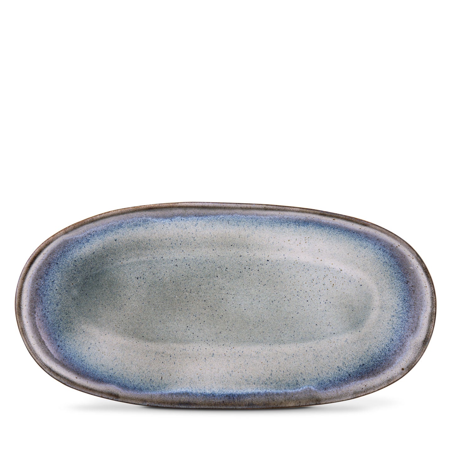Terrafina Sail Ovale Servierplatte XL – Draufsicht mit reaktiver Grau-Blau-Glasur, 42 x 21 cm, handgefertigt in Portugal
