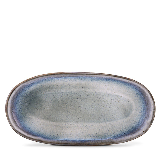 Terrafina Sail Ovale Servierplatte XL – Draufsicht mit reaktiver Grau-Blau-Glasur, 42 x 21 cm, handgefertigt in Portugal