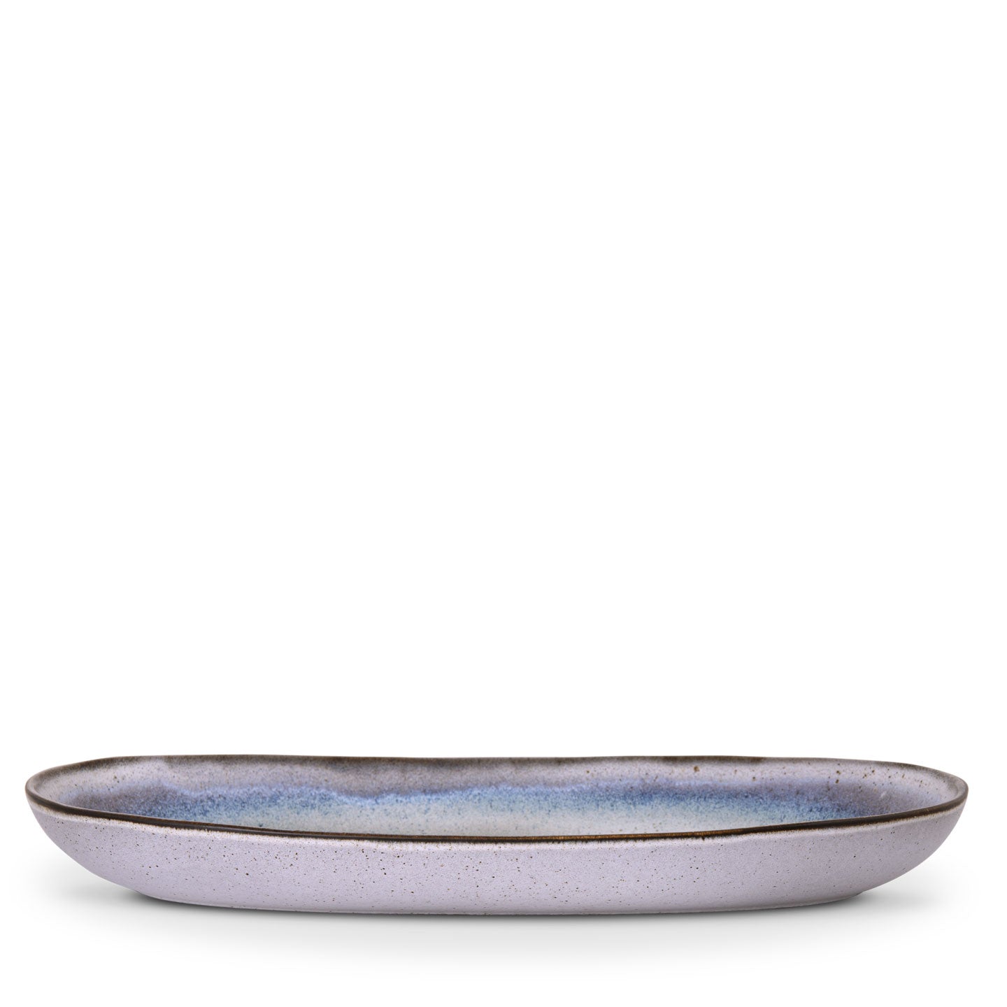 Terrafina Sail Ovale Servierplatte XL – Seitenansicht mit reaktiver Grau-Blau-Glasur und braunem Rand, 42 x 21 cm, handgefertigt in Portugal