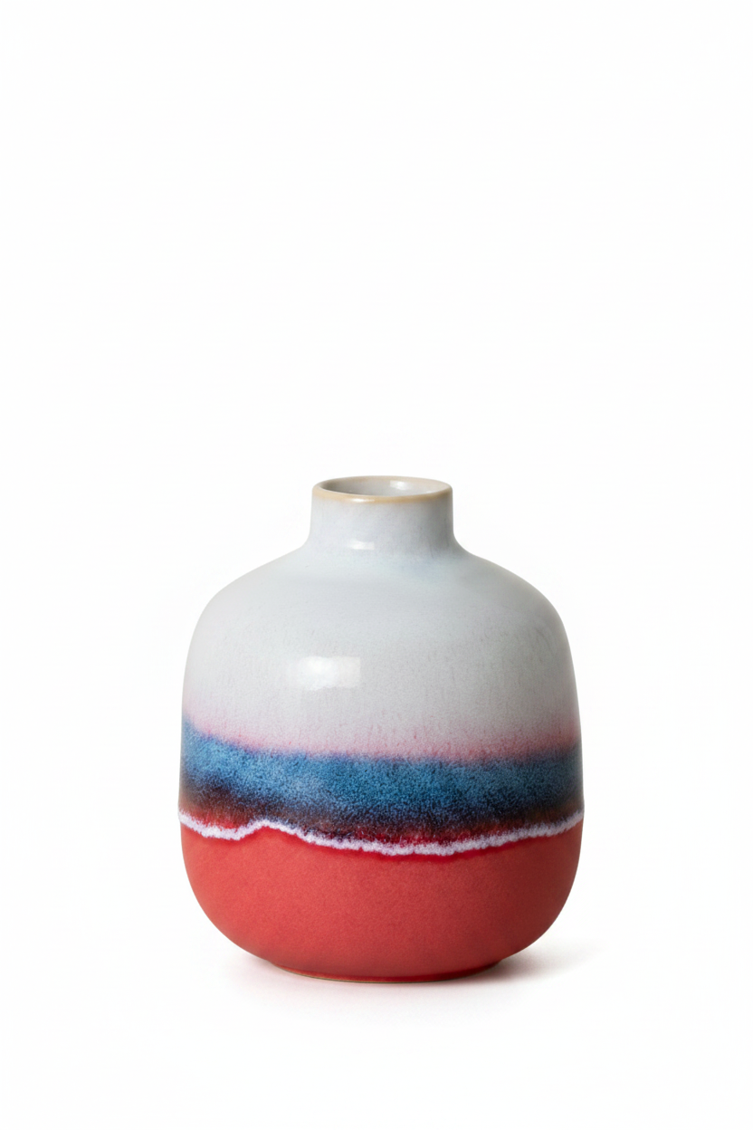 Terrafina Vase Feliz – bauchige Keramikvase mit Farbverlauf von Korallrot über Blau zu Weiß, Ø 13,5 x 16 cm, handgefertigt in Portugal