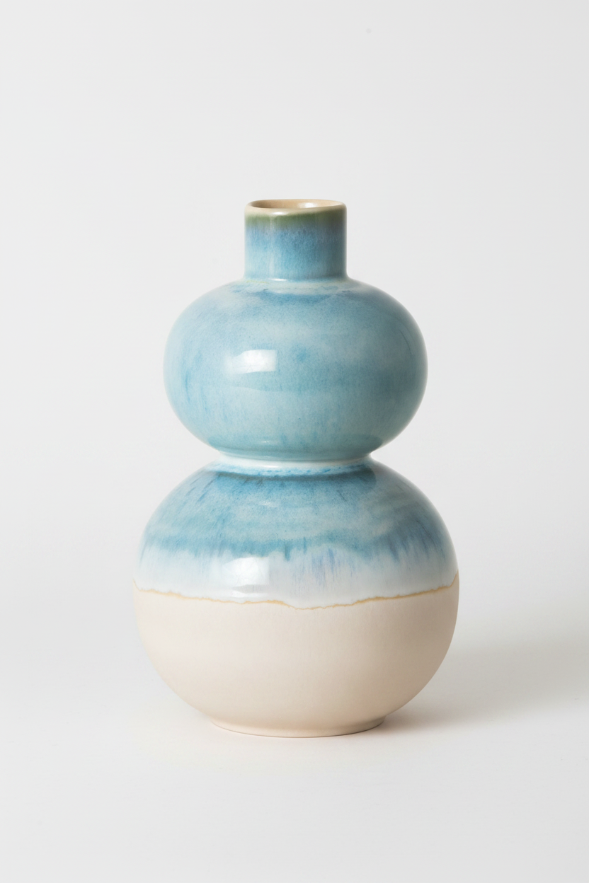 Terrafina Vase Harmonia – Keramikvase mit Doppelkugel-Form und Farbverlauf von Ozeanblau zu Naturweiß, Ø 13,5 x 16 cm, handgefertigt in Portugal