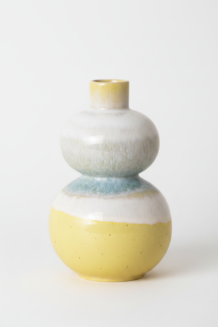 Terrafina Vase Sintonia – Keramikvase mit Doppelkugel-Form und Farbverlauf von Gelb über Weiß zu Türkis, Ø 13,5 x 16 cm, handgefertigt in Portugal