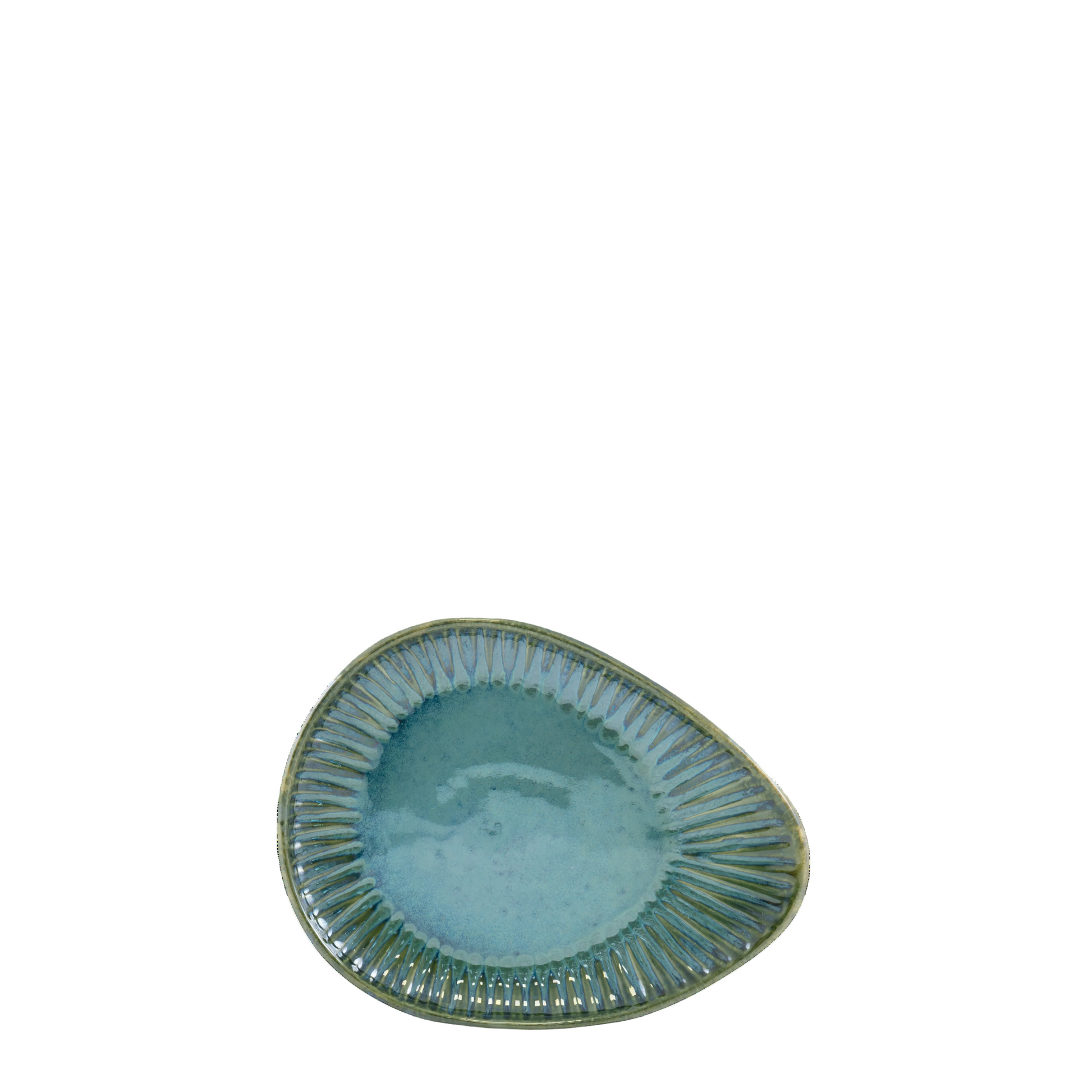Terrafina Vieira Kleiner Teller in Green – Draufsicht mit muschelförmigem Reliefmuster und türkis-grüner reaktiver Glasur, 22 x 16,5 cm, handgefertigt in Portugal
