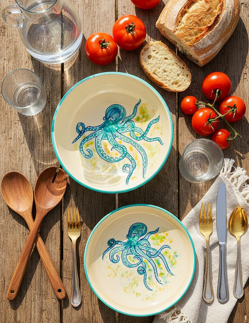Flacher Teller mit Rand in türkis "Paulchen die Krake" (Ø 26 cm)